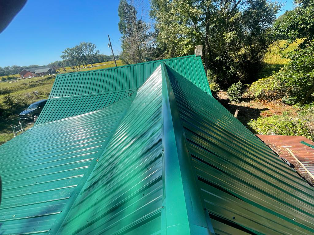 A green metal roof
