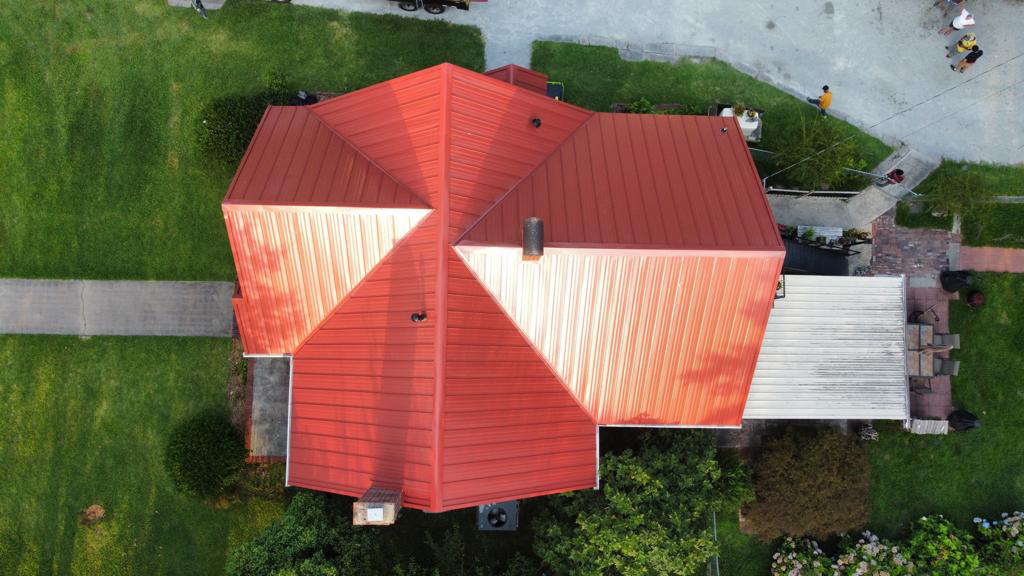 Top view of a red metal roof
